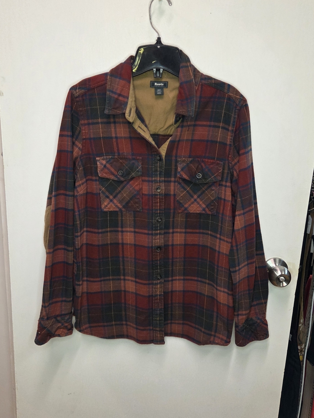 Roots Plaid Flannel Button Down Shirt with Elbow Patches